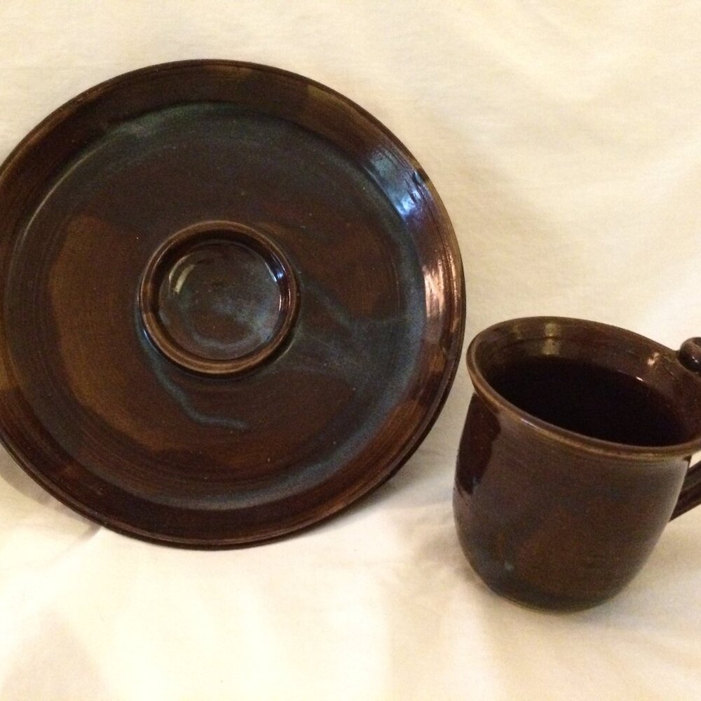 Pottery Cup and Plate in Brown